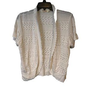 Faded Glory Bolero Sweater Womens XL White Knit Open Front Short Sleeve Scallop